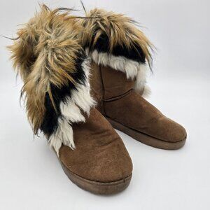 Brown Suede Faux Fur Lined Winter Boots With Multicolor Fur Trim